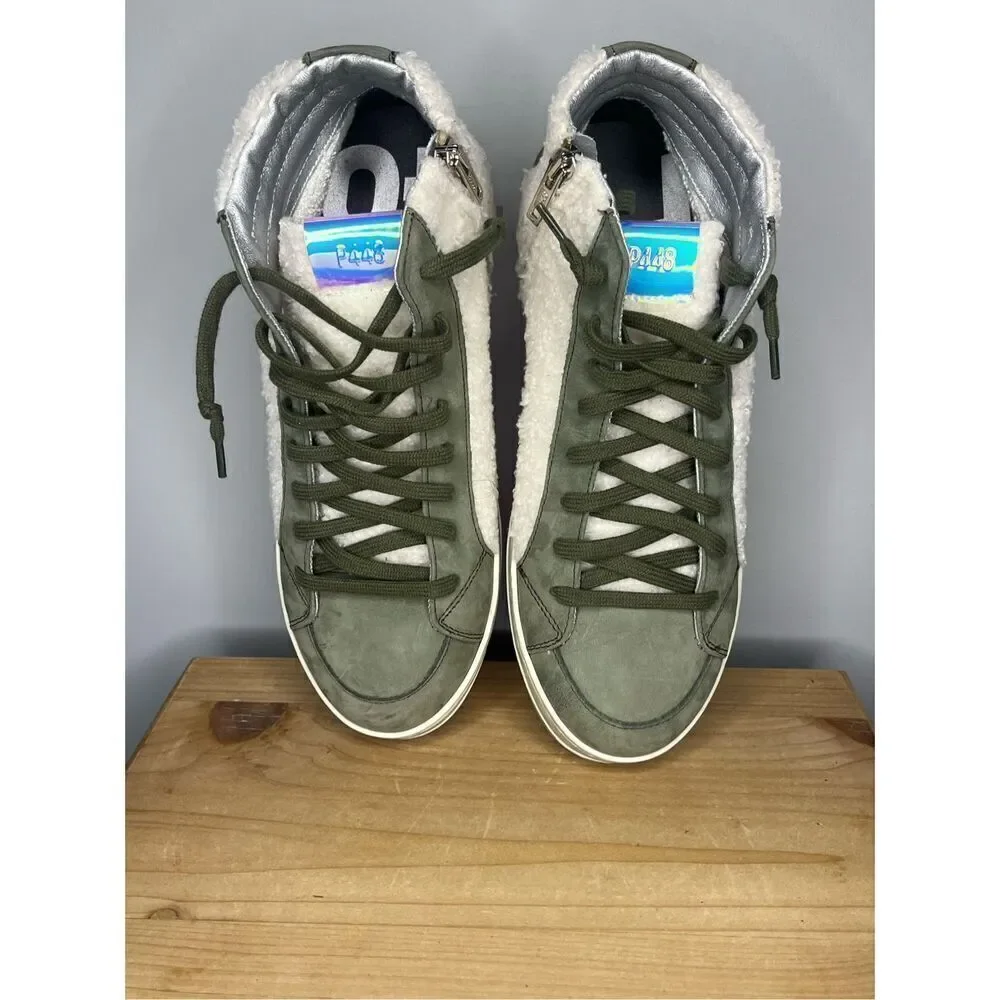 P448 Womens Skate HighTop Sherpa Double Closure Sneaker Khaki/White Size 10.5-11